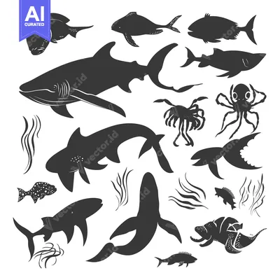 Aset desain premium: Black and White Silhouettes of Various Marine Life