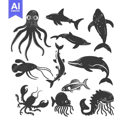 Premium design asset: Black and White Silhouettes of Various Sea Creatures