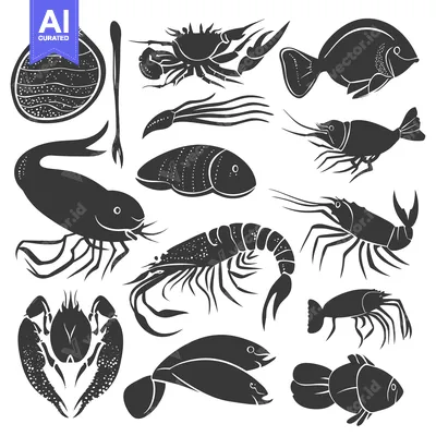 Aset premium populer: Black and White Silhouettes of Various Seafood