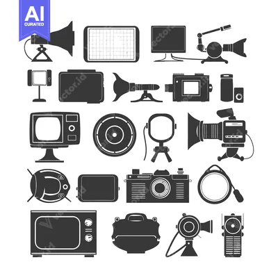 Aset desain premium: Black and White Silhouettes of Vintage Video and Audio Equipment