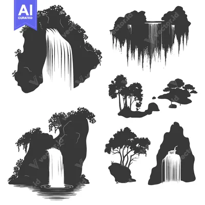 Aset desain premium: Black and White Silhouettes of Waterfalls and Trees