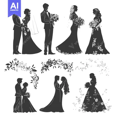 Popular premium asset: Black and White Silhouettes of Wedding Couples with Floral Decorations