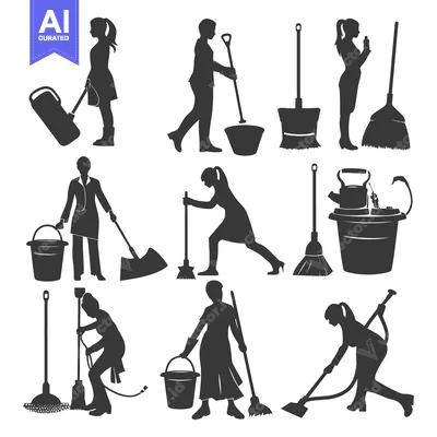 Premium design asset: Black and White Silhouettes of Women Cleaning