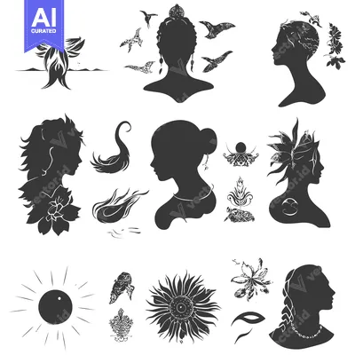 Aset premium populer: Black and White Silhouettes of Women with Flowers, Birds, and Sun