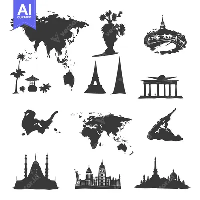 Aset premium populer: Black and White Silhouettes of World Landmarks and Continents