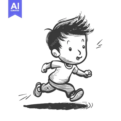 Aset desain premium: Black and White Sketch of a Boy Running with Excitement