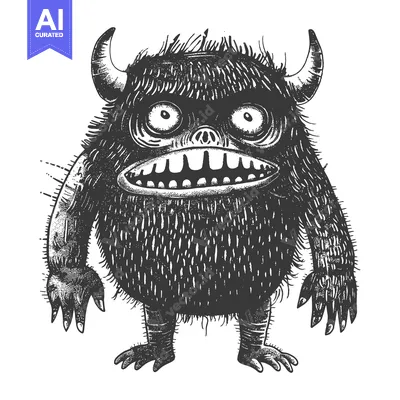 Premium design asset: Black and White Sketch of a Furry Monster with Horns and a Grin
