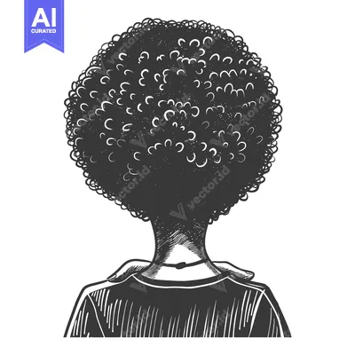 Premium design asset: Black and white sketch of a person with an afro hairstyle from behind