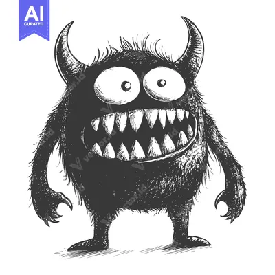Aset desain premium: Black and White Sketch of a Smiling Monster with Horns
