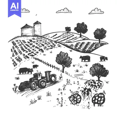 Aset desain premium: Black and white sketch of a tractor on a farm with cows and silos