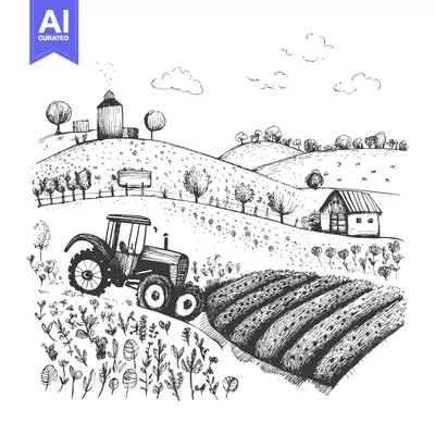 Aset premium populer: Black and White Sketch of a Tractor Working in a Field