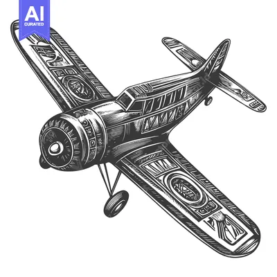 Aset desain premium: Black and White Sketch of a Vintage Airplane in Flight