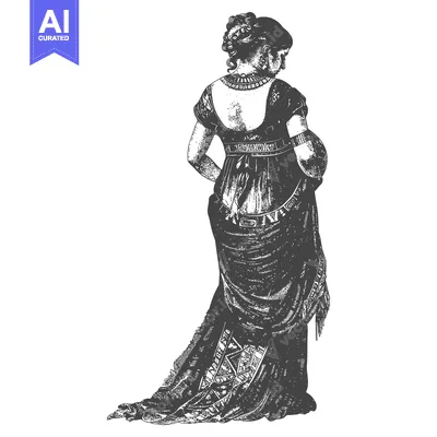 Premium design asset: Black and White Sketch of a Woman in a Long Dress with a Backless Desi