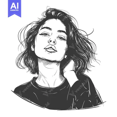 Premium design asset: Black and White Sketch of a Woman with Short Hair