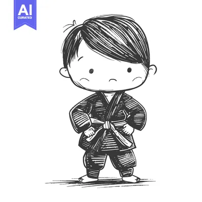 Aset desain premium: Black and White Sketch of a Young Boy in a Karate Uniform