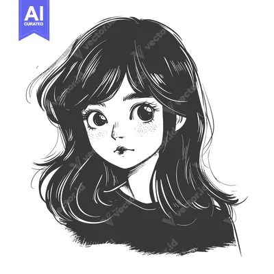 Aset premium populer: Black and White Sketch of a Young Woman with Long Hair and Big Eyes