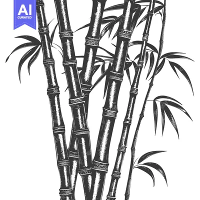Aset desain premium: Black and White Sketch of Bamboo Stalks with Leaves