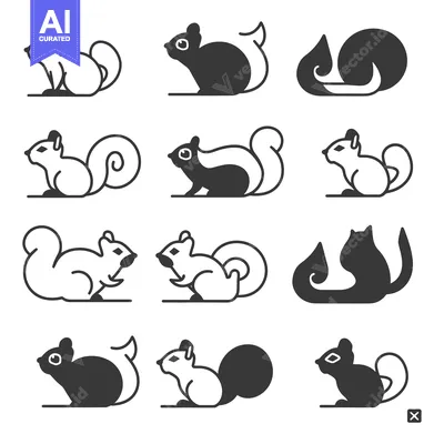 Aset desain premium: Black and White Squirrel and Tail Variations