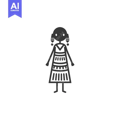 Premium design asset: Black and White Stick Figure of a Woman Wearing a Long, Patterned Dres