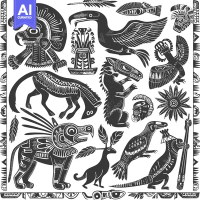 Aset premium populer: Black and White Stylized Animals and Symbols in Aztec Style