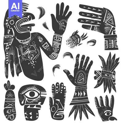 Aset desain premium: Black and White Stylized Aztec Tribal Design with Feathers and Hands