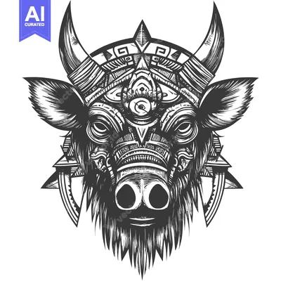Premium design asset: Black and White Stylized Bull Head with Tribal Geometric Design