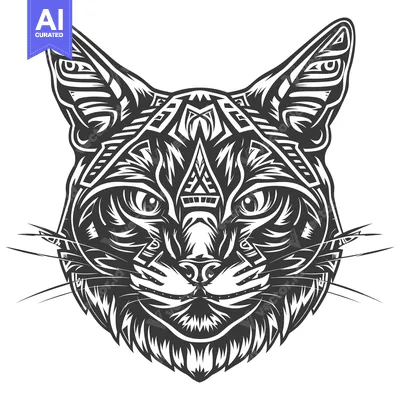Aset premium populer: Black and White Stylized Cat Head with Geometric Patterns