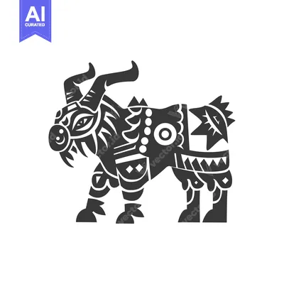 Aset desain premium: Black and White Stylized Goat with Geometric Patterns