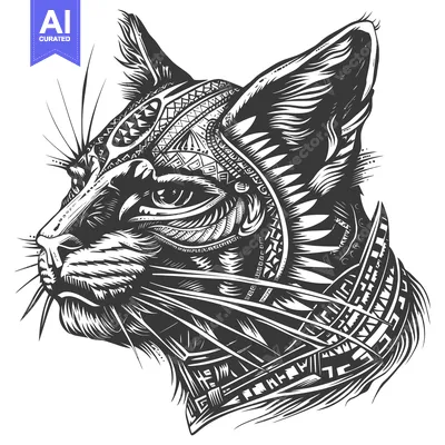 Aset premium populer: Black and White Stylized Illustration of a Cat's Head with Geometric P
