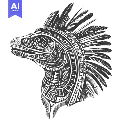 Popular premium asset: Black and white stylized illustration of a feathered dinosaur head