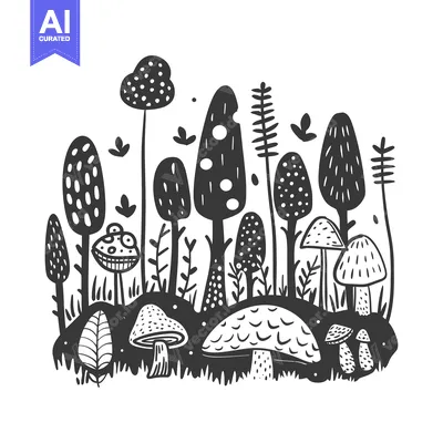Aset desain premium: Black and White Stylized Illustration of a Forest with Mushrooms and T