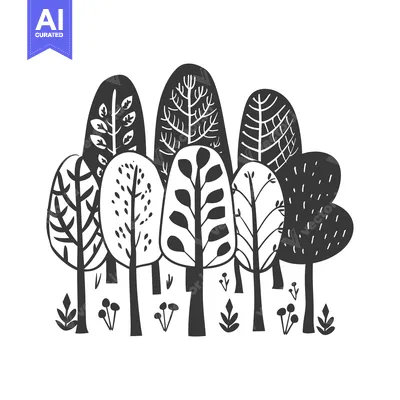 Aset desain premium: Black and White Stylized Illustration of a Forest with Six Trees