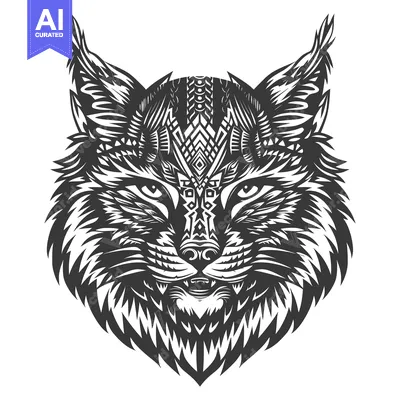Aset desain premium: Black and White Stylized Illustration of a Lynx's Head