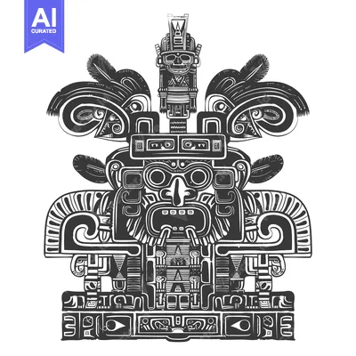 Premium design asset: Black and White Stylized Illustration of a Mayan Deity