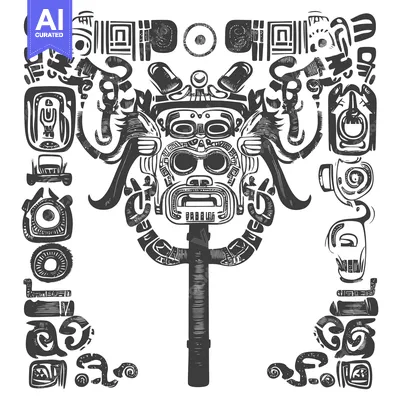 Aset desain premium: Black and White Stylized Illustration of a Mayan-Style Mask