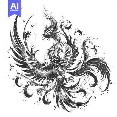 Aset premium populer: Black and white stylized illustration of a phoenix with ornate feather