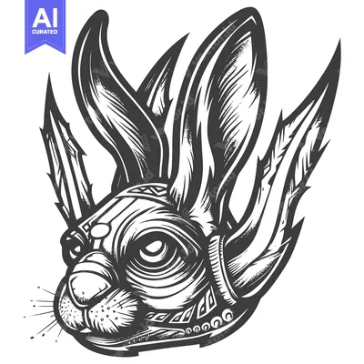 Aset desain premium: Black and White Stylized Illustration of a Rabbit's Head