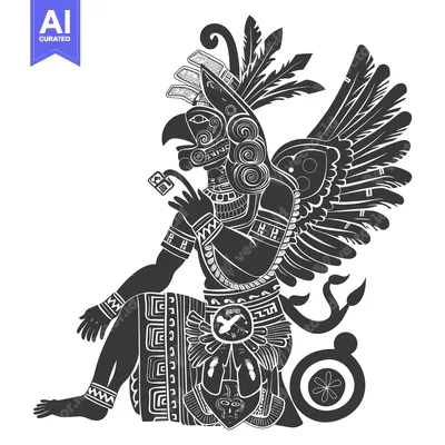 Aset desain premium: Black and White Stylized Illustration of a Seated Eagle Figure with Fe