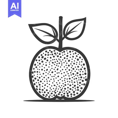 Premium design asset: Black and white stylized illustration of a spotted apple with leaves
