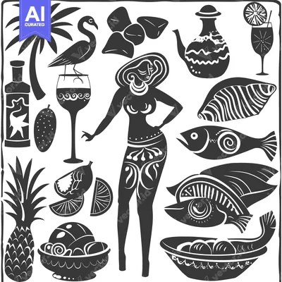 Aset premium populer: Black and White Stylized Illustration of Tropical Paradise Elements