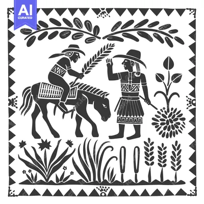 Premium design asset: Black and White Stylized Illustration of Two Figures in a Landscape