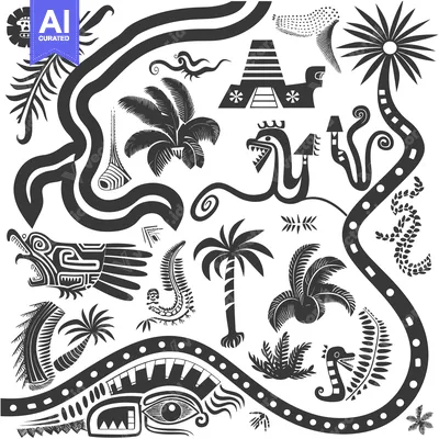 Aset desain premium: Black and White Stylized Jungle Illustration with Animals and Plants