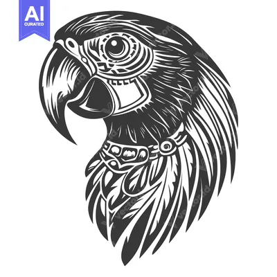 Aset premium populer: Black and White Stylized Parrot Head with Intricate Details