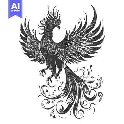 Premium design asset: Black and White Stylized Phoenix Illustration with Floral Details