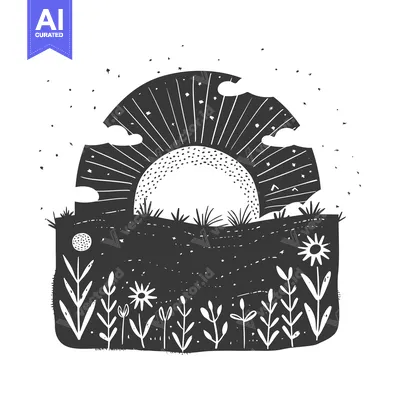 Black and White Stylized Sun Setting Behind a Field of Flowers