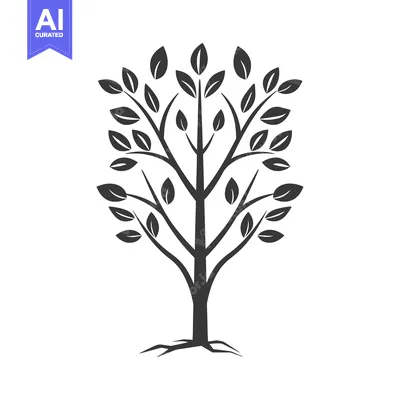 Aset desain premium: Black and White Stylized Tree with Roots and Leaves