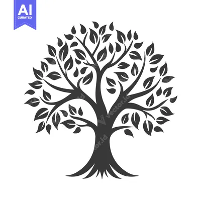 Aset desain premium: Black and White Stylized Tree with Rounded Leaves and a Thick Trunk
