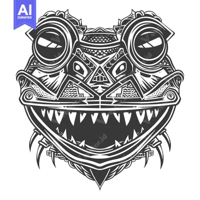 Aset premium populer: Black and White Tribal Frog Face with Open Mouth and Sharp Teeth