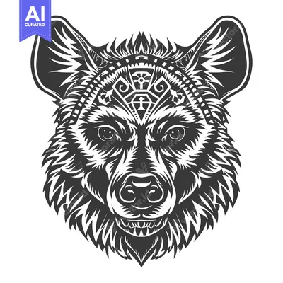 Premium design asset: Black and White Tribal Hyena Head with Geometric Pattern