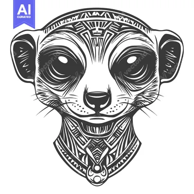 Aset premium populer: Black and White Tribal Illustration of a Meerkat's Face